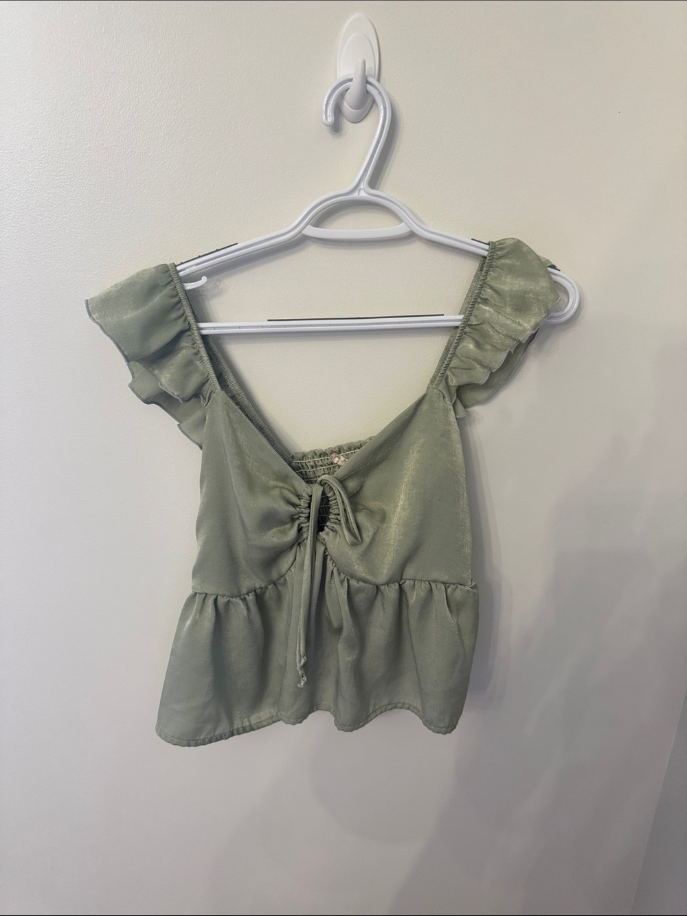 Altar'd State Sage Green Satin Ruffle Tie-Front Camisole